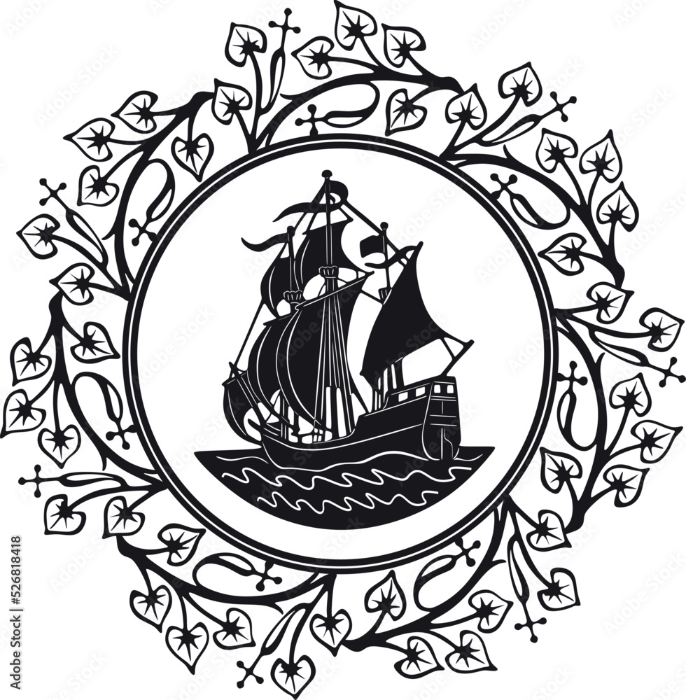 vintage sailboat logo with floral frame handmade design vector