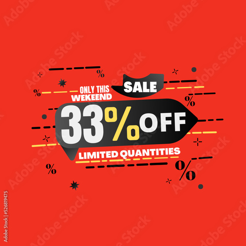 33% percent off(offer), limited quantities, red and yellow 3D super discount sticker, sale.(Black Friday) vector illustration, Thirty three 