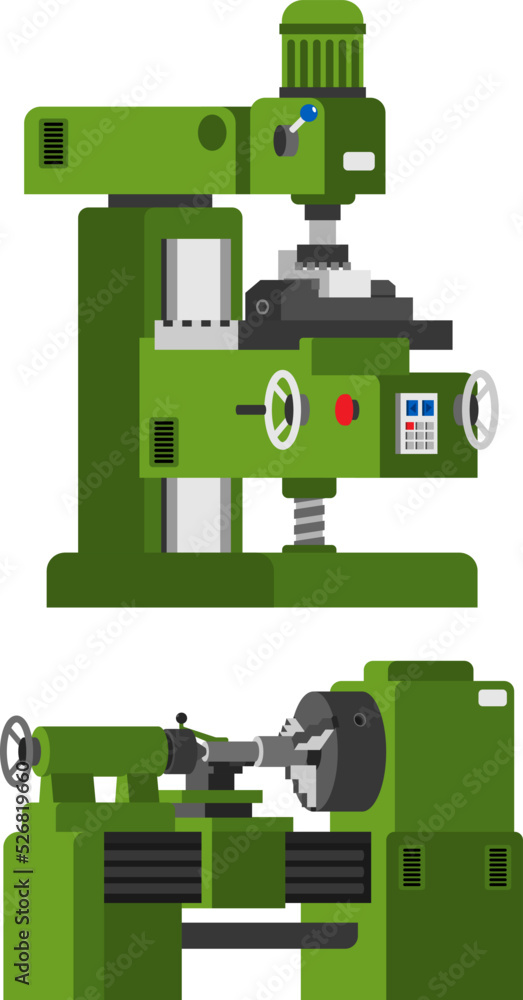 Lathe. Milling machine. Metalworking machines in cartoon style. Lathe. Milling machine. Metalworking machines in cartoon style.