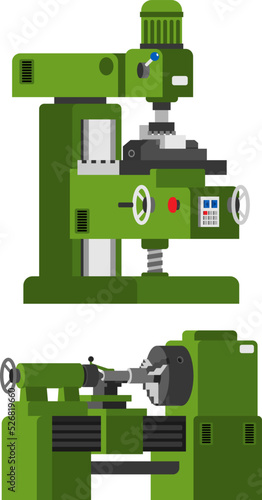 Lathe. Milling machine. Metalworking machines in cartoon style.
