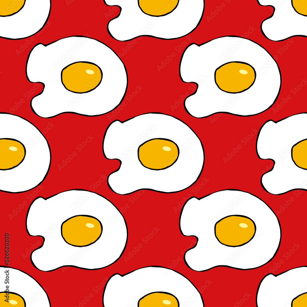 Seamless pattern with fried egg on red background. Vector image.