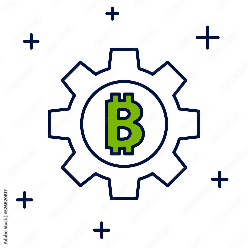 Filled outline Cryptocurrency coin Bitcoin icon isolated on white background. Gear and Bitcoin setting. Blockchain based secure crypto currency. Vector Filled outline Cryptocurrency coin Bitcoin icon isolated on white background. Gear and Bitcoin setting. Blockchain based secure crypto currency. Vector
