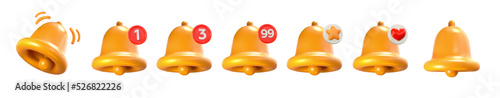 Bell notifications. Notification of various updates, messages. Yellow bell in realistic 3d style. Isolated on white background. Vector illustration.