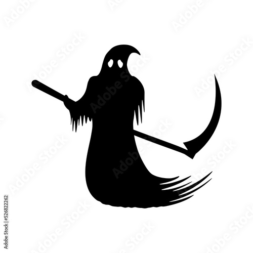 Sinister black death with scythe silhouette. Grim reaper ghost flies to take souls from dying. Creep design for tattoo and vector halloween