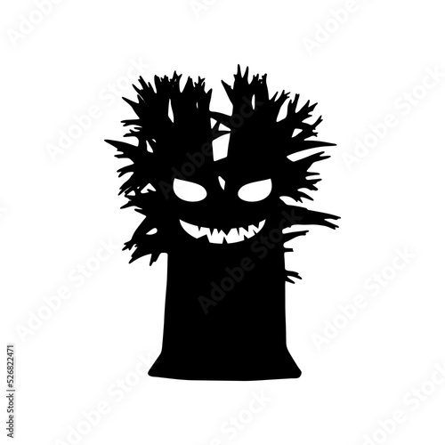 Spooky tree monster black silhouette. Terrible dead ent covered with rotten branches looks at victim with predatory smile. Creep design for halloween party and vector design