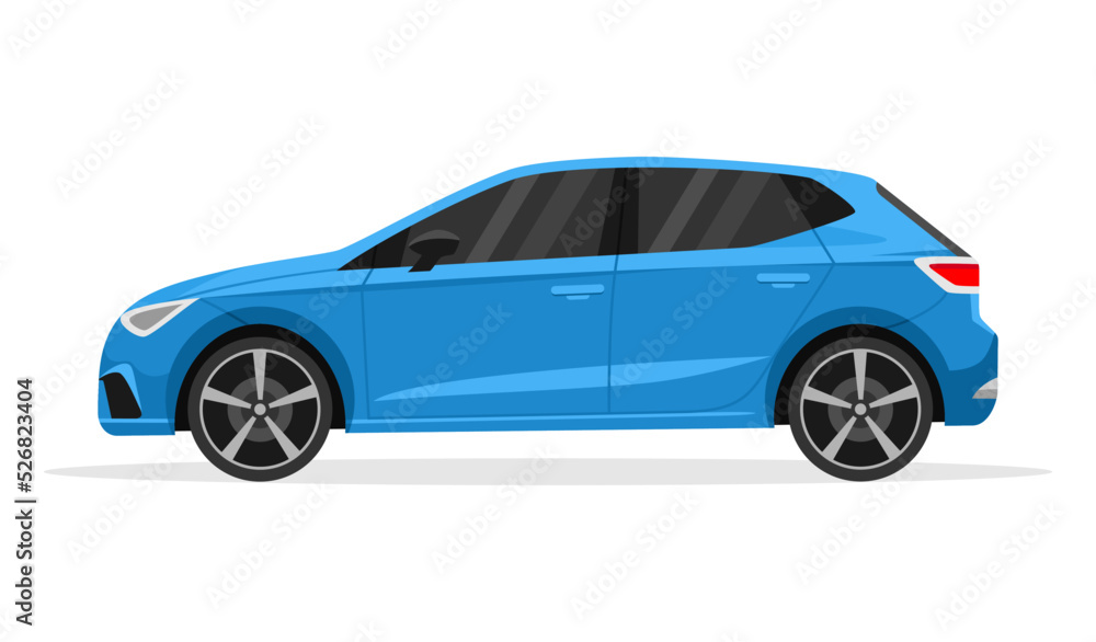 Blue hatchback car side view on a white background. Flat vector illustration