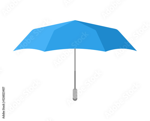 A blue umbrella with a gray handle isolated on a white background. Flat vector illustration