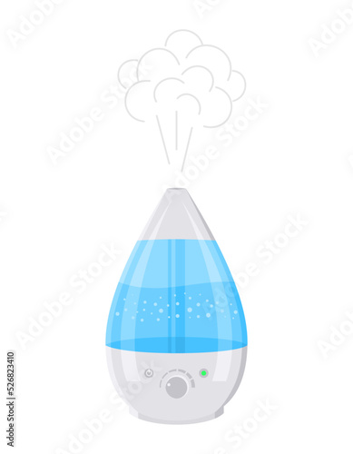 A working white and blue humidifier with water vapor isolated on a white background. Flat vector illustration