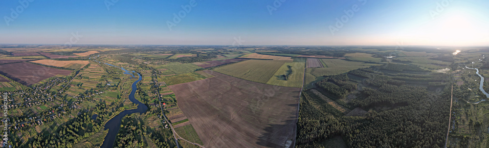 Drone spherical panorama of summer sunset river Ros landscape, Ukraine. Drone spherical panorama of summer sunset river Ros landscape, Ukraine.