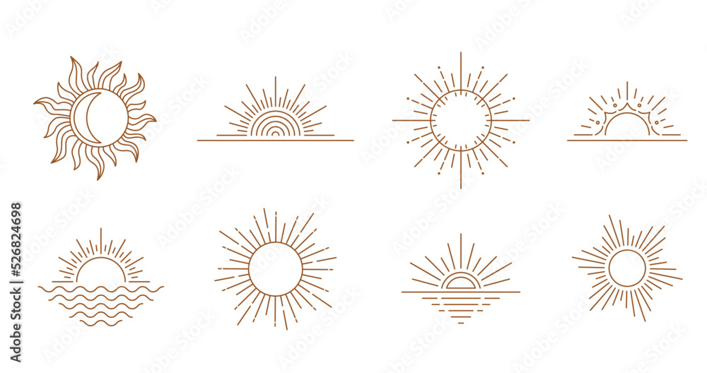 Sun logo design in simple modern line style. Boho element vector set