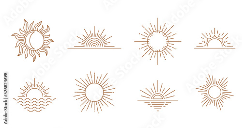 Sun logo design in simple modern line style. Boho element vector set