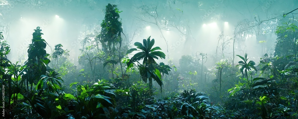 Foggy dark excotic tropical jungle illustration design - obrazy, fototapety, plakaty 
