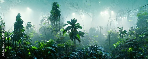 Fotografia, Obraz Foggy dark excotic tropical jungle illustration design