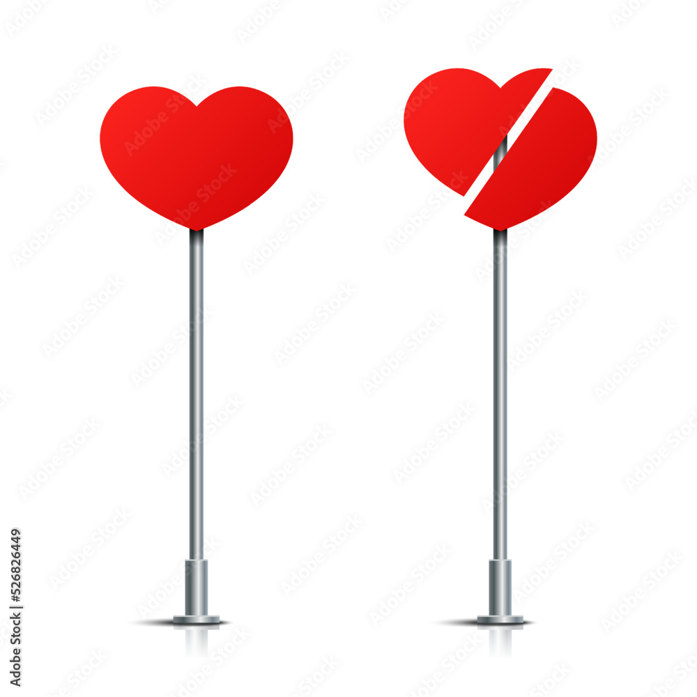 Vector illustration of heart shape road signs isolated on white background. Set of red heart traffic signs icons. Collection of realistic traffic control signs on metal poles. 