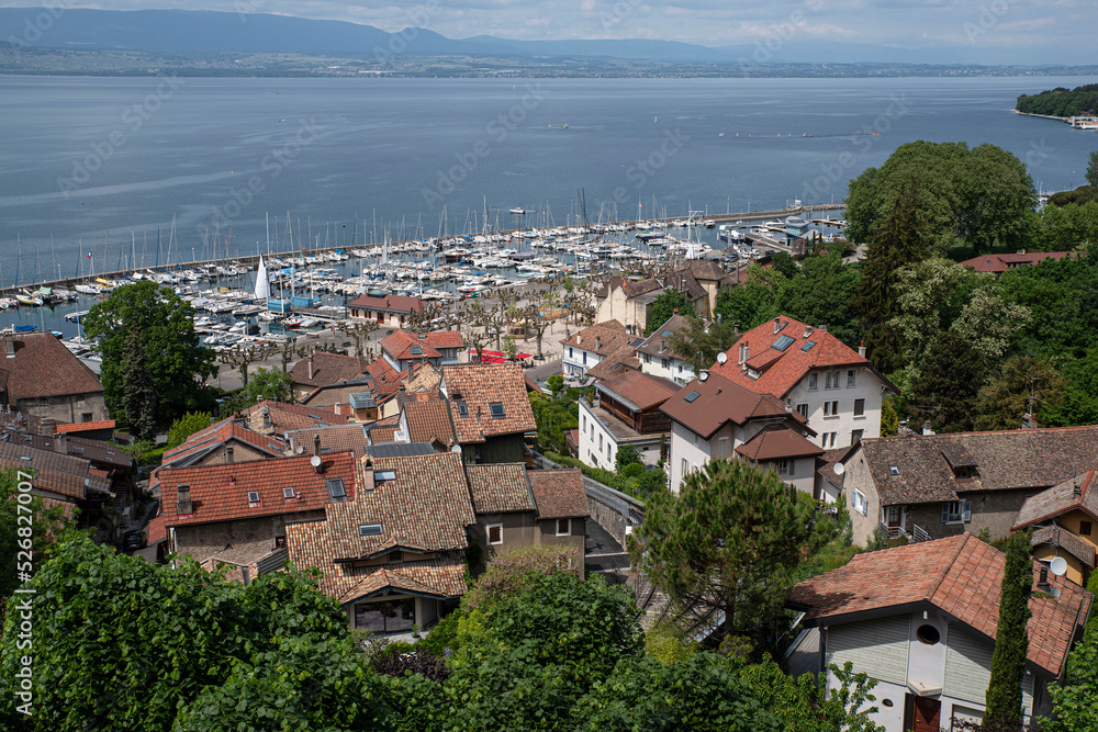 View of the town of Thonon les Bains in France with its port
