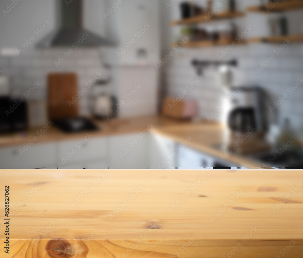 empty wooden tabletop and blurred kitchen mock up for product display empty wooden tabletop and blurred kitchen mock up for product display