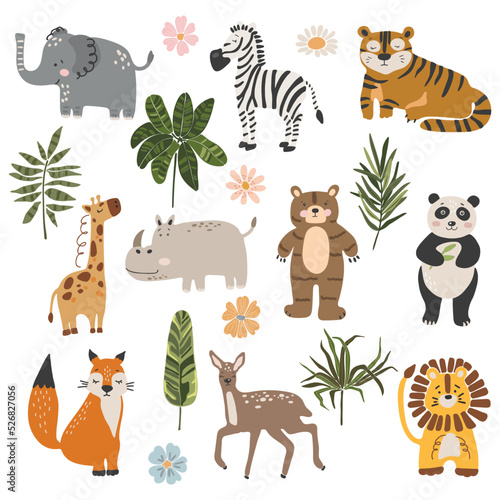 Abstract baby animals set, boho baby animals collection, funny animals vector, tropical leaves, jungle animal set