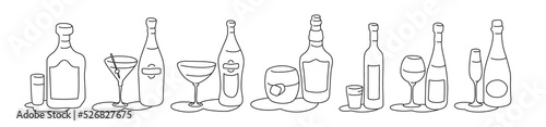Принти на полотні Rum martini vermouth whiskey vodka wine champagne bottle and glass outline icon on white background