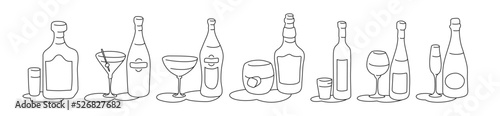 Rum martini vermouth whiskey vodka wine champagne bottle and glass outline icon on white background. Black white cartoon sketch graphic design. Doodle style. Hand drawn image. Party drinks concept