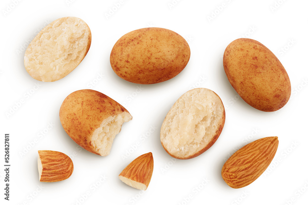 Marzipan balls or potatoes with almond isolated on white background full depth of field. Top view. Flat lay Marzipan balls or potatoes with almond isolated on white background full depth of field. Top view. Flat lay