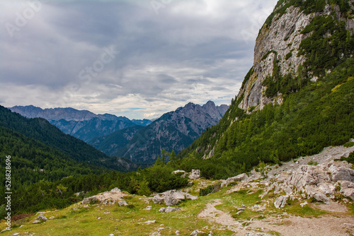 The landscape at the Vrsic Pass in north west Slovenia. It is the highest mountain pass in Slovenia 