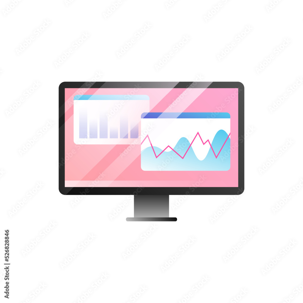 Computer Monitor with Graph and Chart on White Background. Isolated Graphic Element. Vector illustration Computer Monitor with Graph and Chart on White Background. Isolated Graphic Element. Vector illustration