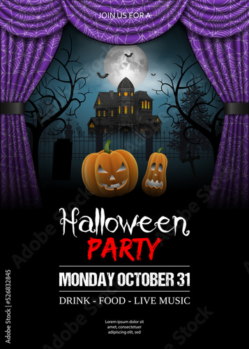 Halloween poster with pumpkins and haunted house