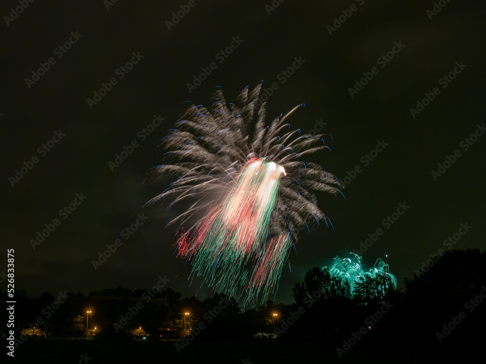 Colorful holiday fireworks and night sky background.