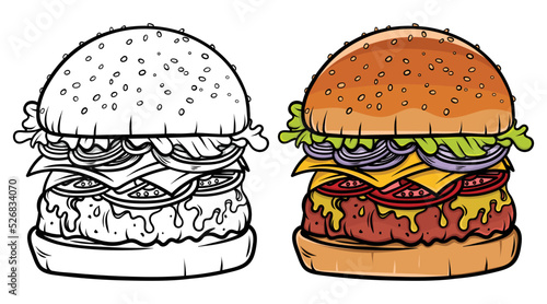 Burger Vector, Hamburger hand drawn vector illustration, Isolated on white background, Chicken burger cartoon, Fast food, Fast Food, Menu concept, Pop art style, Retro, Hot burger hamburger,