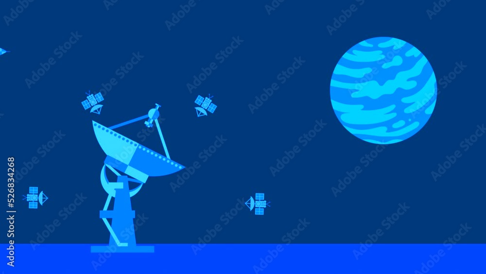 A satellite dish, a locator picks up and transmits signals from an artificial satellite and a rocket. Abstract animation from flat drawings of a blue tint on a space theme. A satellite dish, a locator picks up and transmits signals from an artificial satellite and a rocket. Abstract animation from flat drawings of a blue tint on a space theme.