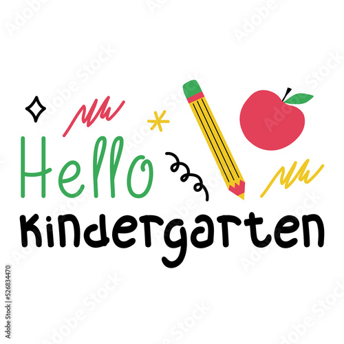 Hello kindergarten banner. Vector illustration in doodle style. Kindergarten poster, sign, stationery decoration