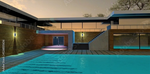 Swimming pool with turquoise water at night. Illuminated steps. An advanced country house in a minimalist style. The light of the lanterns is reflected on the wooden facade. 3d render.