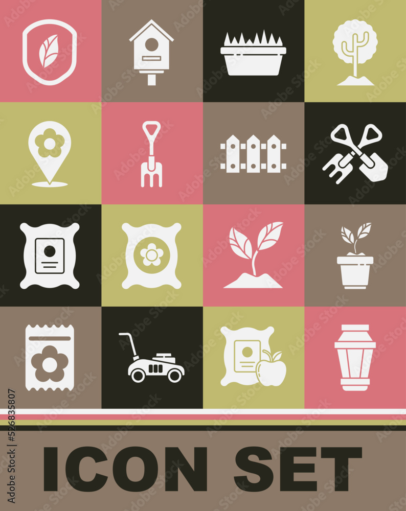 Set Garden light lamp, Plant in pot, Shovel and rake, Fresh grass rectangular, Location with flower, Shield leaf and fence wooden icon. Vector Set Garden light lamp, Plant in pot, Shovel and rake, Fresh grass rectangular, Location with flower, Shield leaf and fence wooden icon. Vector