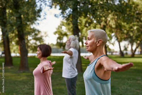 Woman with blur friends practicing yoga on meadow