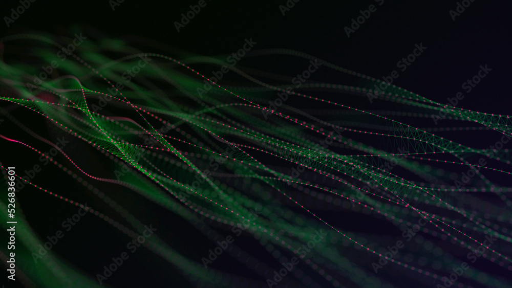 Dna from a moving wave and particles. Abstract dark background. The science of medicine. Biotechnology. The concept of a gene cell. Green dots and lines. 3d rendering