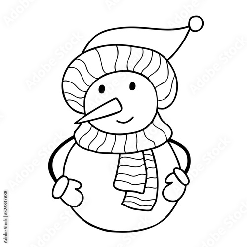 Cute snowman with knitted hat and scarf. Vector linear hand drawn doodle. Cute winter cartoon fairy tale snow character for decor and New Year cards, colorize picture.