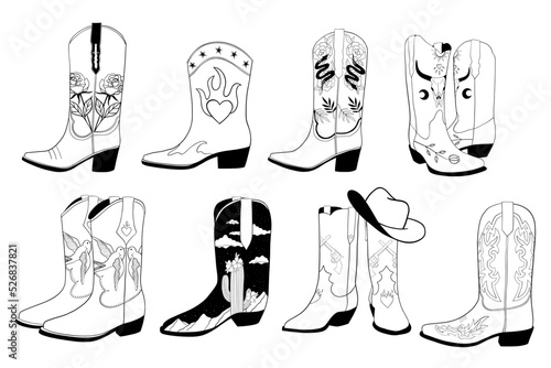 Set of cowboy boots with different ornaments. Wild West fashion style. Cartoon flat illustrations. Hand drawn vector set photo
