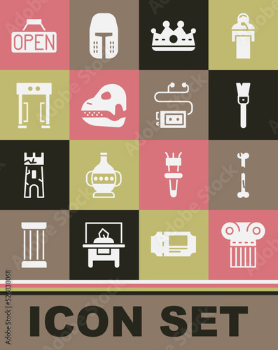 Set Ancient column, Human broken bone, Paint brush, King crown, Dinosaur skull, Metal detector, Hanging sign with Open and Museum audio guide icon. Vector