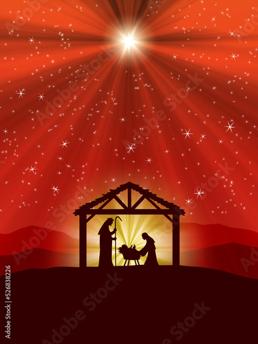 Chritmas Nativity Scene on red starry background