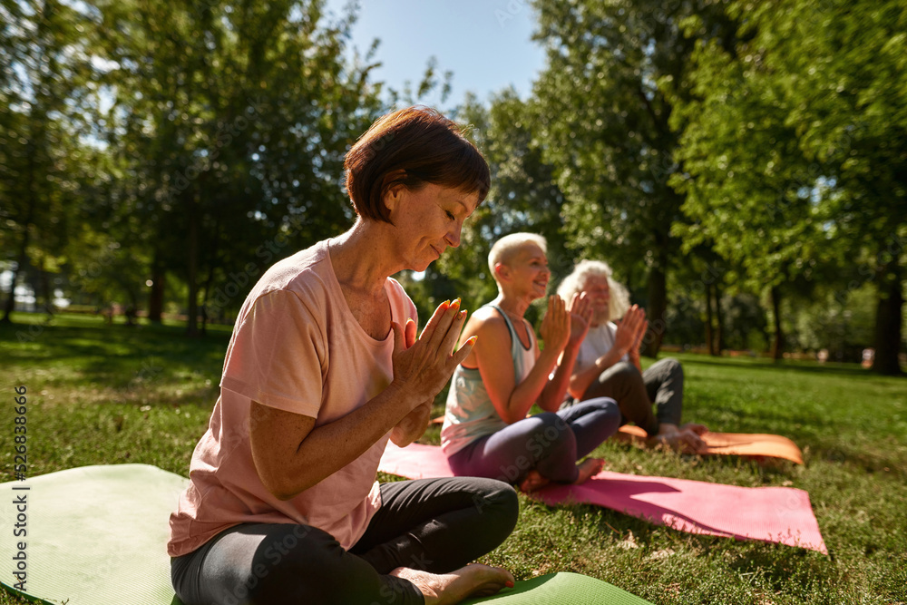 Elderly people practice yoga in lotus pose in park
