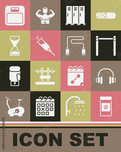 Set Anabolic drugs, Headphones, Horizontal bar, Locker changing room, Doping syringe, Old hourglass, Bathroom scales and Jump rope icon. Vector