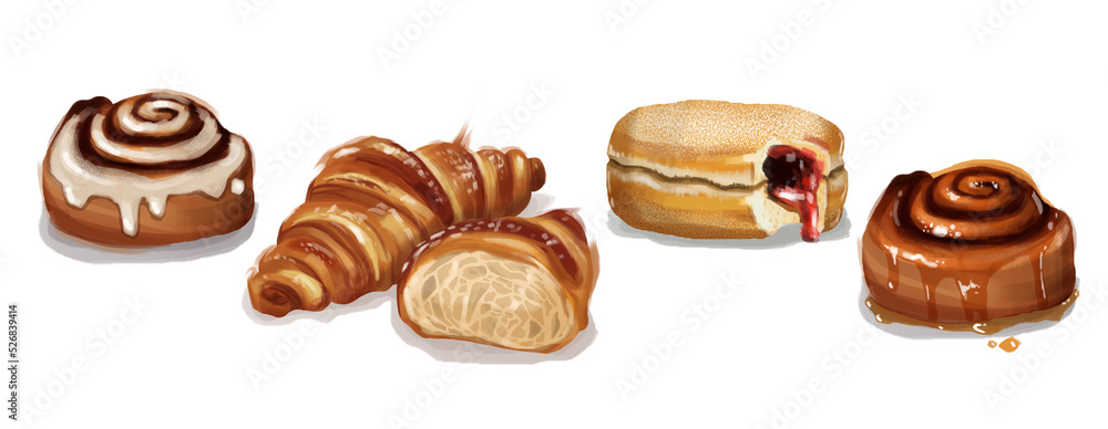 Bakery pastries realistic illustration different types croissant, filled donut, cinnamon roll. Perfect french breakfast 