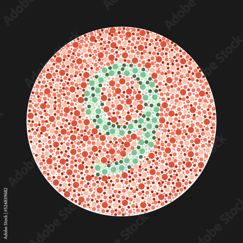 Ishihara test for color blindness. Color blind test. Green number 9 for colorblind people. Vector illustration.