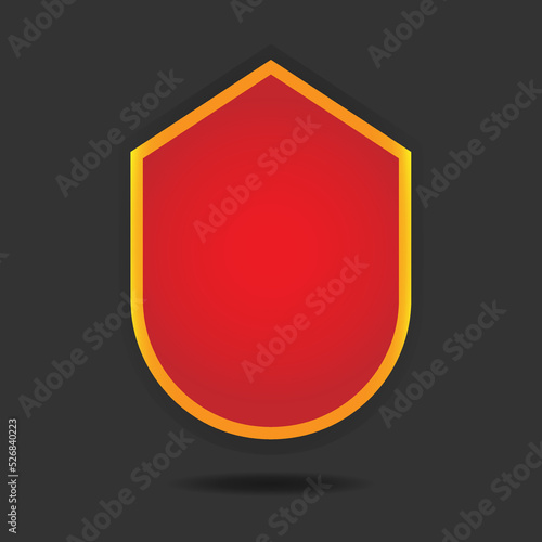 A red shield with a gold border. The concept of protection, security, safety. A presentation board, a banner. Vector illustration.