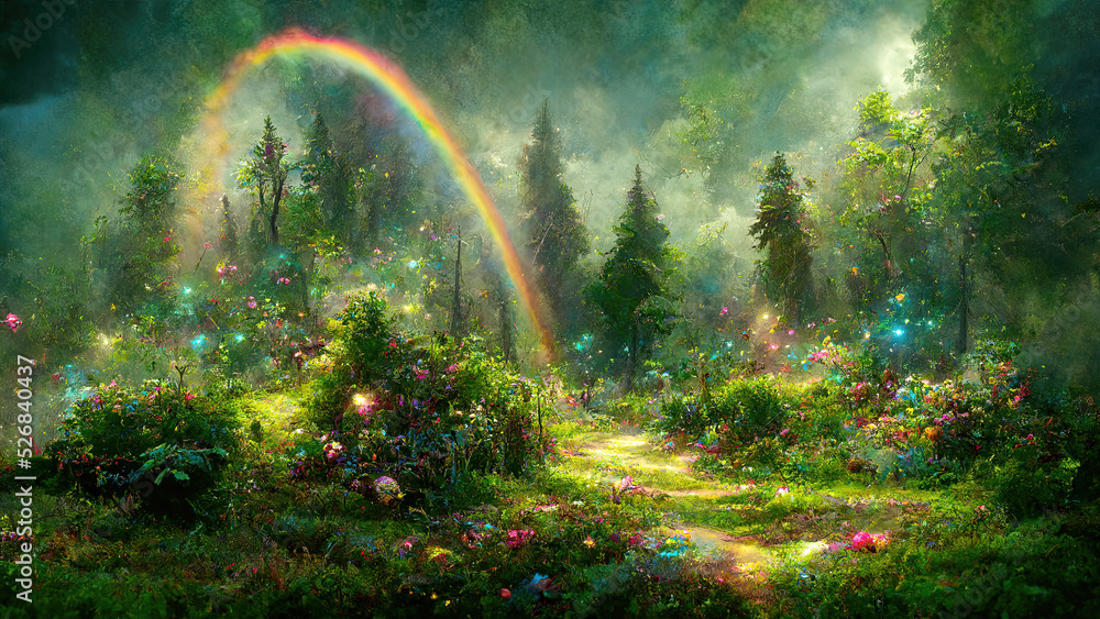 Fototapeta premium Colorful rainbow in magical fantasy fairy tale forest
