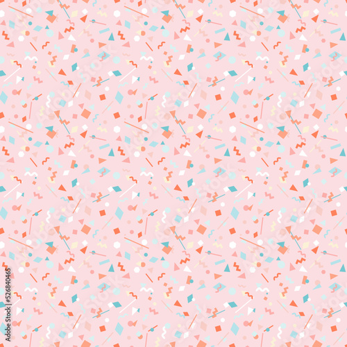 Seamless pattern with various geometric shapes in 90s style