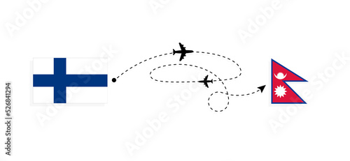 Flight and travel from Finland to Nepal by passenger airplane Travel concept