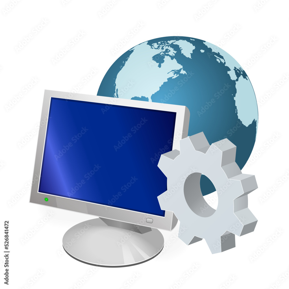 Monitor with planet earth with gear icon Settings icon or instruction Monitor with planet earth with gear icon Settings icon or instruction