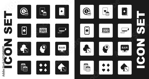 Set Playing card with spades, Online slot machine jackpot, poker table game, Casino chips, Security camera, and playing cards, Alcohol bar location and Game dice icon. Vector