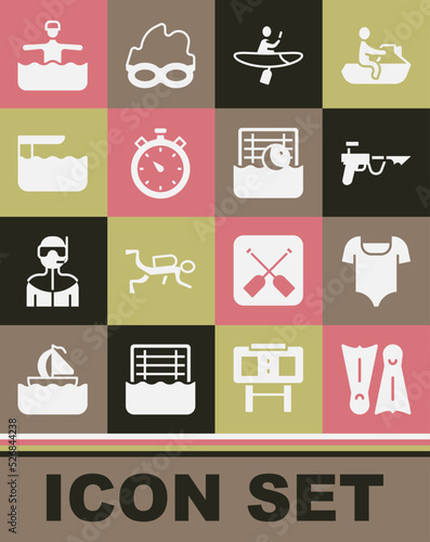 Set Flippers for swimming, Swimsuit, Fishing harpoon, Kayak and paddle, Stopwatch, Diving board springboard, Water gymnastics and polo icon. Vector